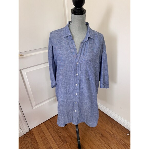 Frank And Eileen MacKenzie Shirt Women OS Blue Linen Button Up Oversized Relaxed - Picture 1 of 6